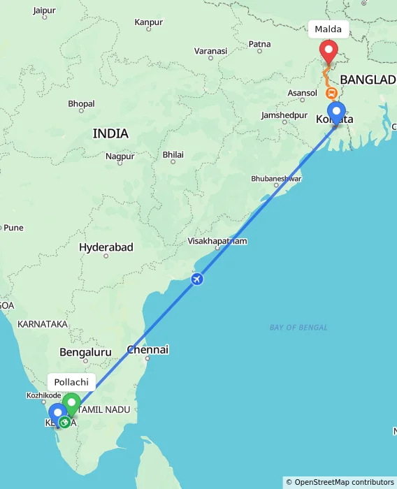 Route map showing distance and travel time from Pollachi, India to Malda, India