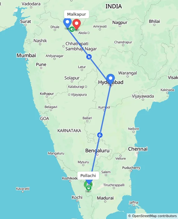 Route map showing distance and travel time from Pollachi, India to Malkapur, India