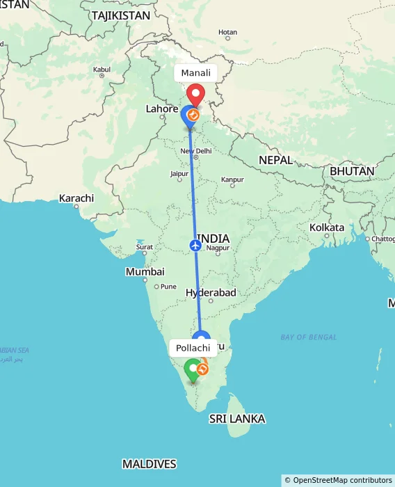 Route map showing distance and travel time from Pollachi, India to Manali, India