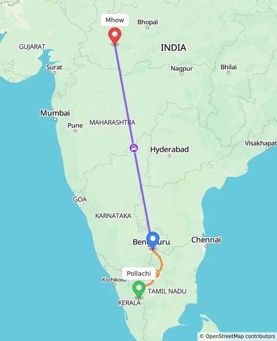 Route map showing distance and travel time from Pollachi, India to Mhow, India