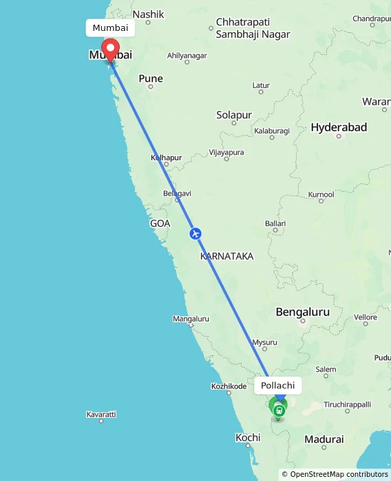 Route map showing distance and travel time from Pollachi, India to Mumbai, India