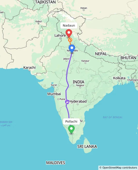 Route map showing distance and travel time from Pollachi, India to Nadaun, India