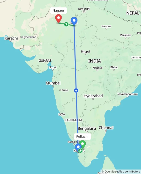 Route map showing distance and travel time from Pollachi, India to Nagaur, India