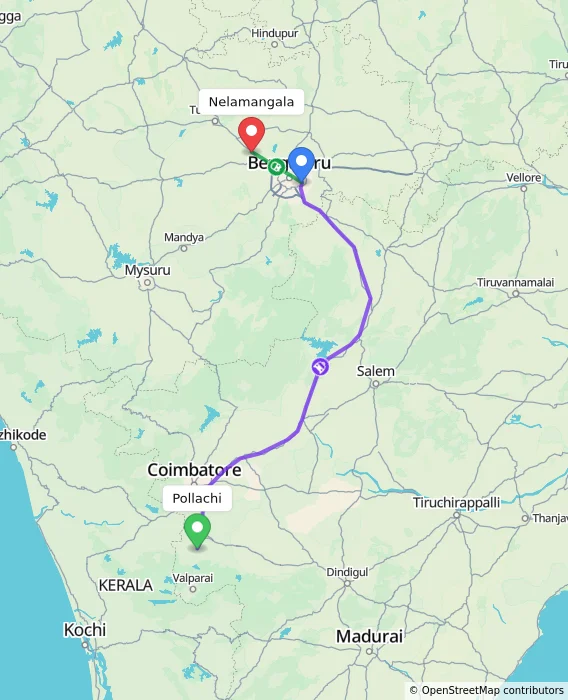 Route map showing distance and travel time from Pollachi, India to Nelamangala, India