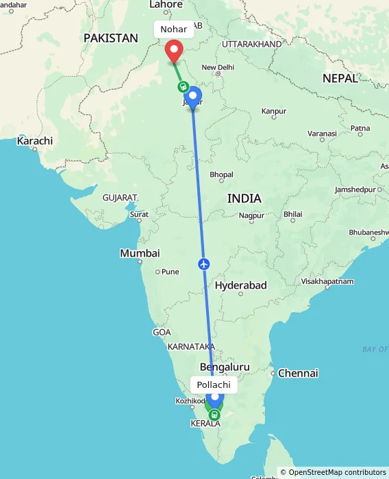 Route map showing distance and travel time from Pollachi, India to Nohar, India