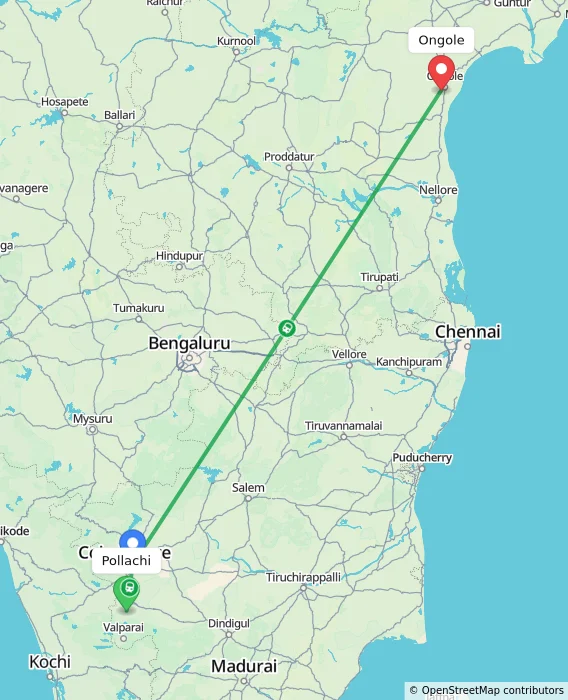 Route map showing distance and travel time from Pollachi, India to Ongole, India