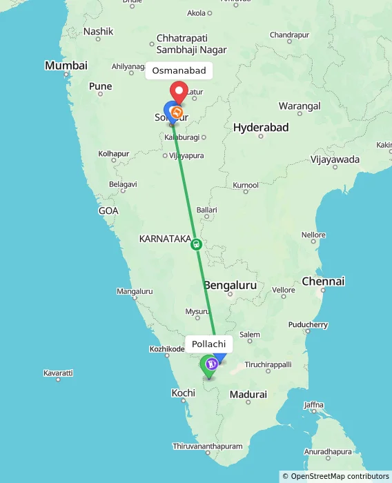 Route map showing distance and travel time from Pollachi, India to Osmanabad, India