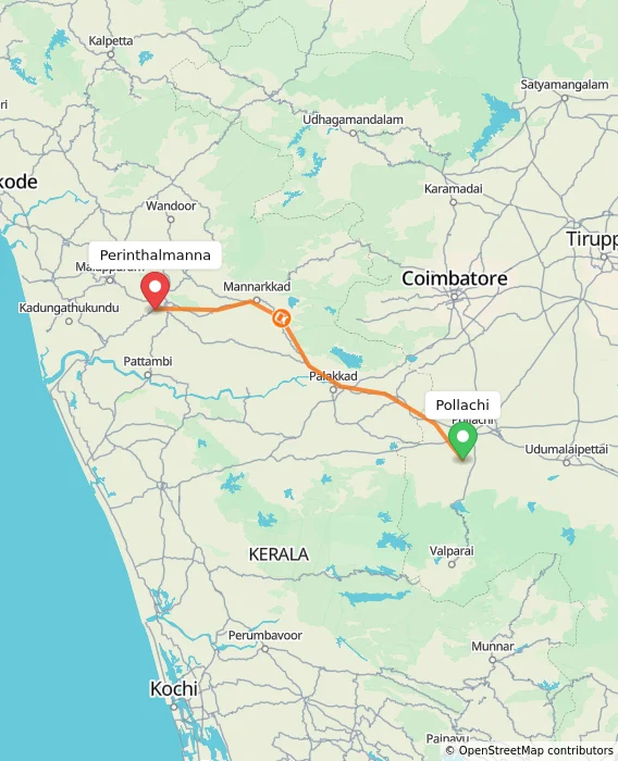 Route map showing distance and travel time from Pollachi, India to Perinthalmanna, India