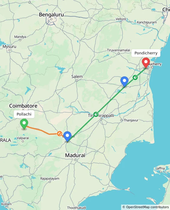 Route map showing distance and travel time from Pollachi, India to Puducherry, India