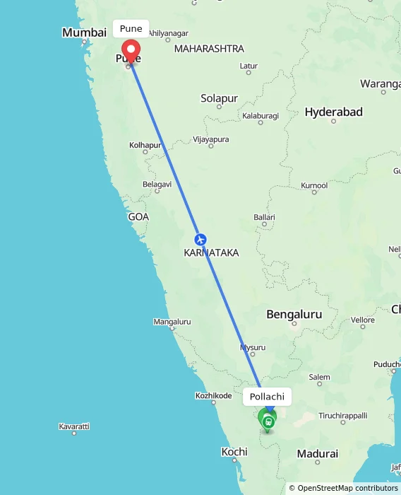 Route map showing distance and travel time from Pollachi, India to Pune, India