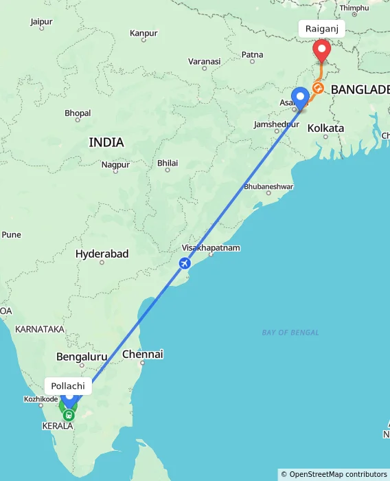 Route map showing distance and travel time from Pollachi, India to Raiganj, India