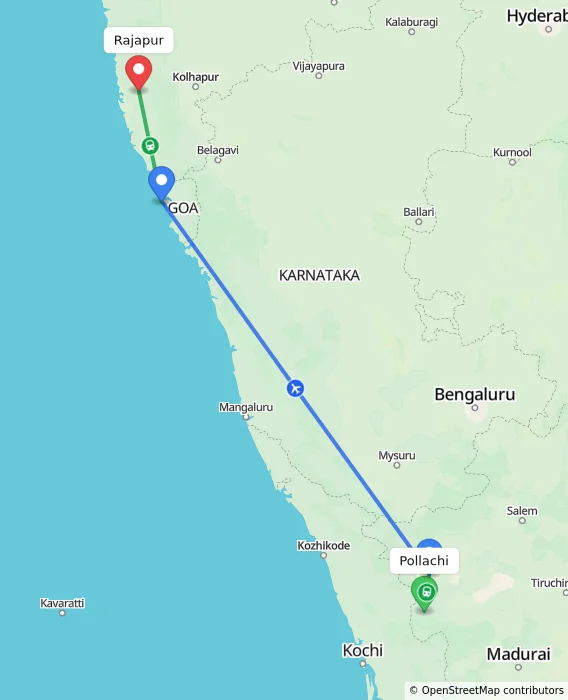 Route map showing distance and travel time from Pollachi, India to Rajapur, India