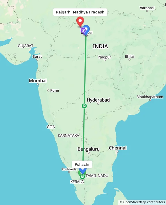 Route map showing distance and travel time from Pollachi, India to Rajgarh, Madhya Pradesh, India