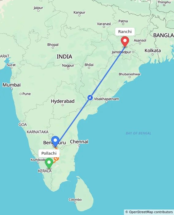 Route map showing distance and travel time from Pollachi, India to Ranchi, India