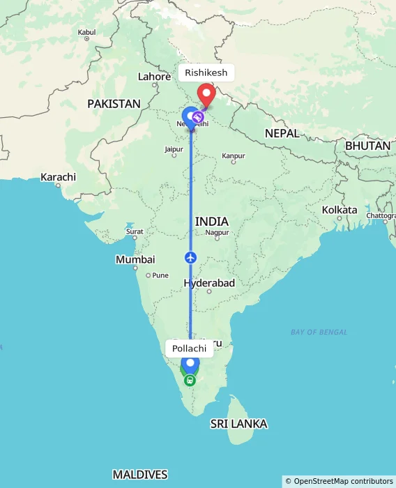 Route map showing distance and travel time from Pollachi, India to Rishikesh, India
