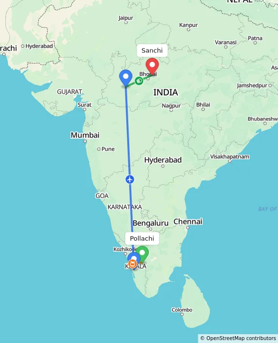 Route map showing distance and travel time from Pollachi, India to Sanchi, India