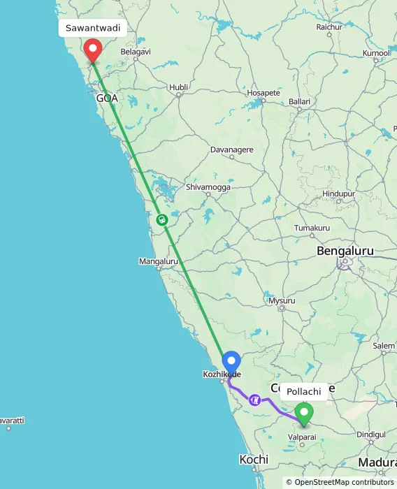 Route map showing distance and travel time from Pollachi, India to Sawantwadi, India