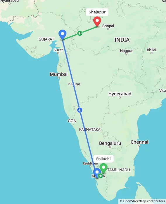 Route map showing distance and travel time from Pollachi, India to Shajapur, India