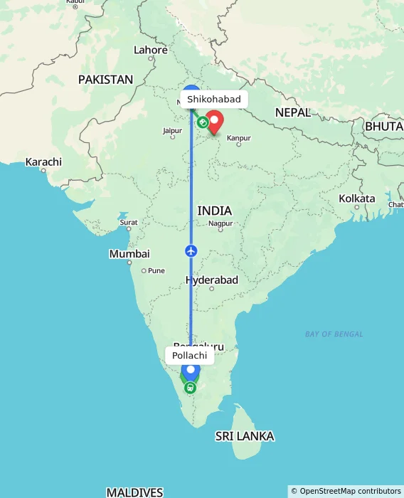 Route map showing distance and travel time from Pollachi, India to Shikohabad, India