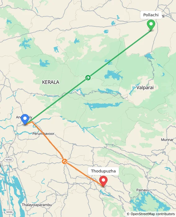 Route map showing distance and travel time from Pollachi, India to Thodupuzha, India