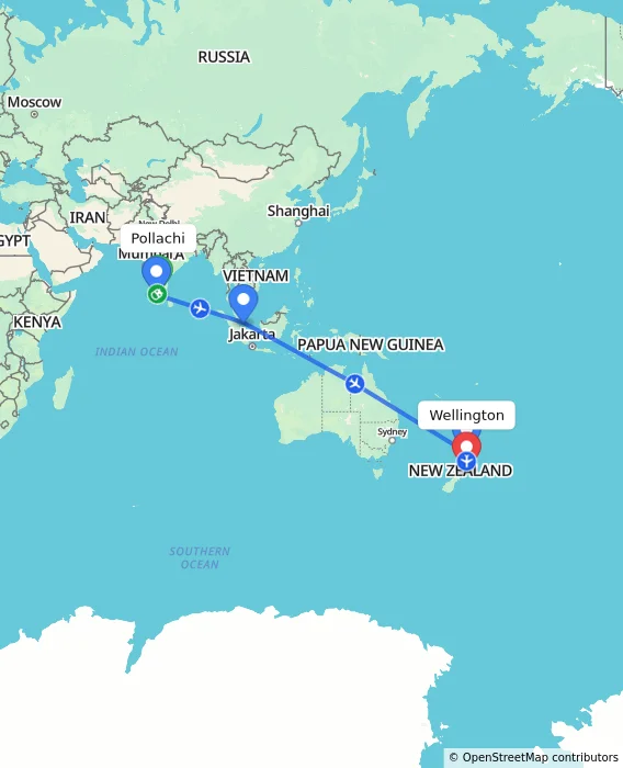 Route map showing distance and travel time from Pollachi, India to Wellington, New Zealand