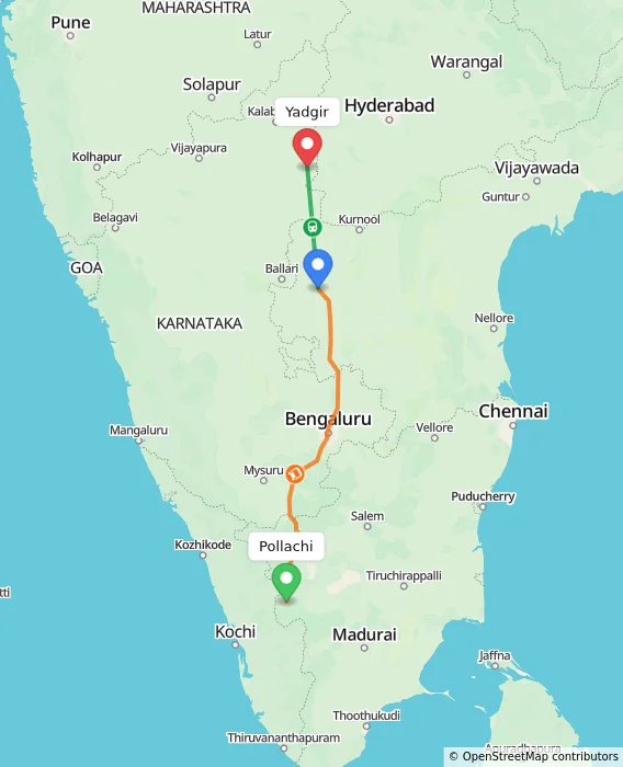 Route map showing distance and travel time from Pollachi, India to Yadgir, India