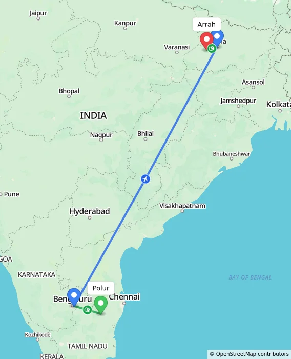Route map showing distance and travel time from Polur, India to Arrah, India