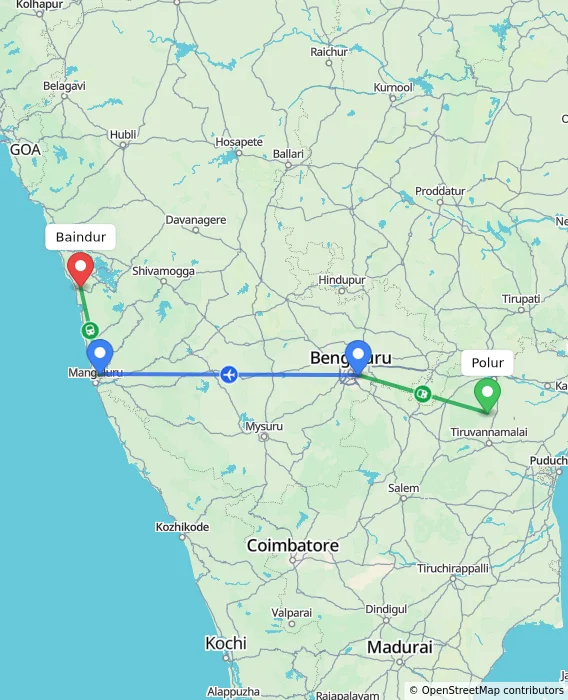 Route map showing distance and travel time from Polur, India to Baindur, India