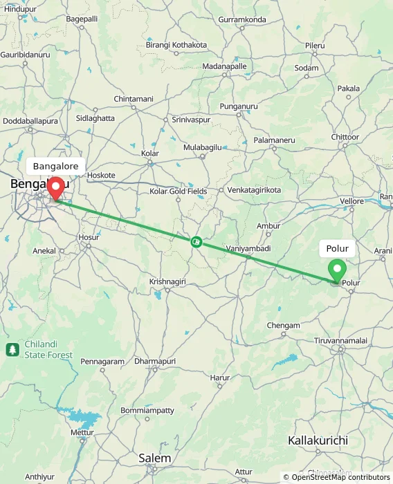 Route map showing distance and travel time from Polur, India to Bangalore, India