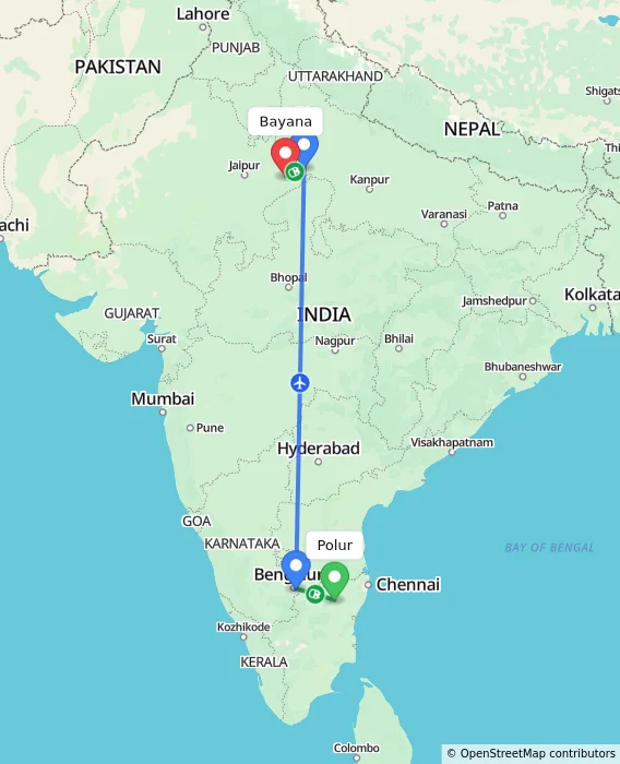 Route map showing distance and travel time from Polur, India to Bayana, India