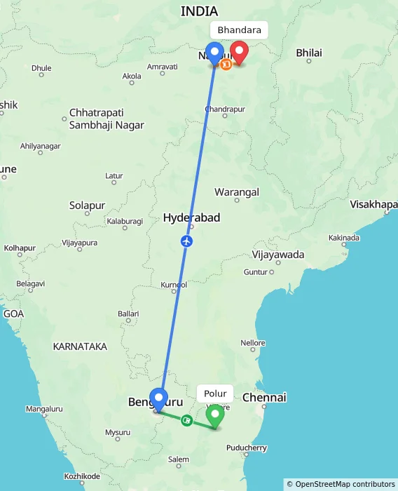 Route map showing distance and travel time from Polur, India to Bhandara, India