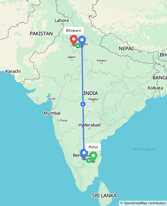 Route map showing distance and travel time from Polur, India to Bhiwani, India