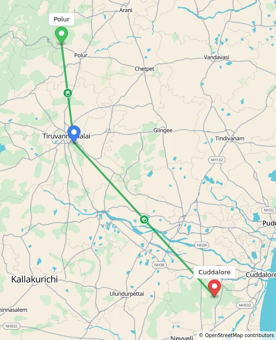 Route map showing distance and travel time from Polur, India to Cuddalore, India