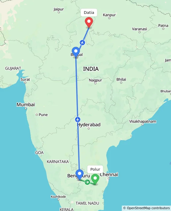 Route map showing distance and travel time from Polur, India to Datia, India