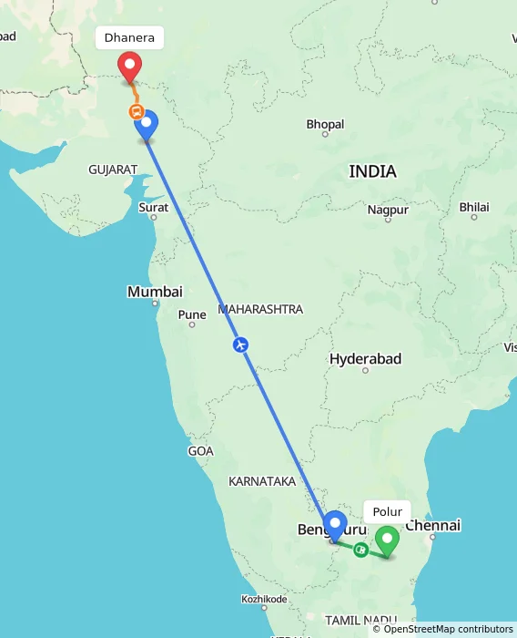 Route map showing distance and travel time from Polur, India to Dhanera, India