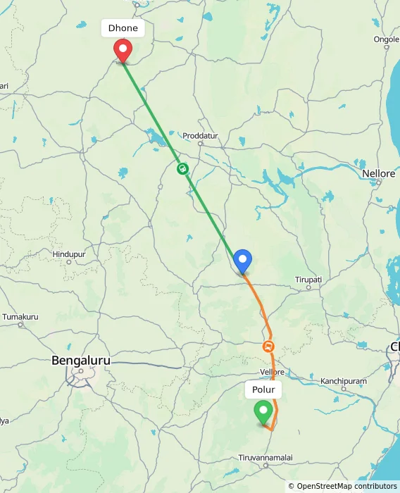 Route map showing distance and travel time from Polur, India to Dhone, India