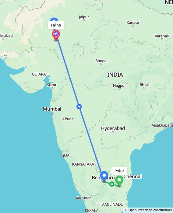 Route map showing distance and travel time from Polur, India to Falna, India