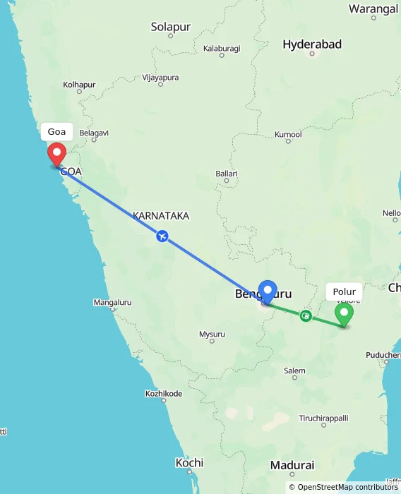 Route map showing distance and travel time from Polur, India to Goa, India
