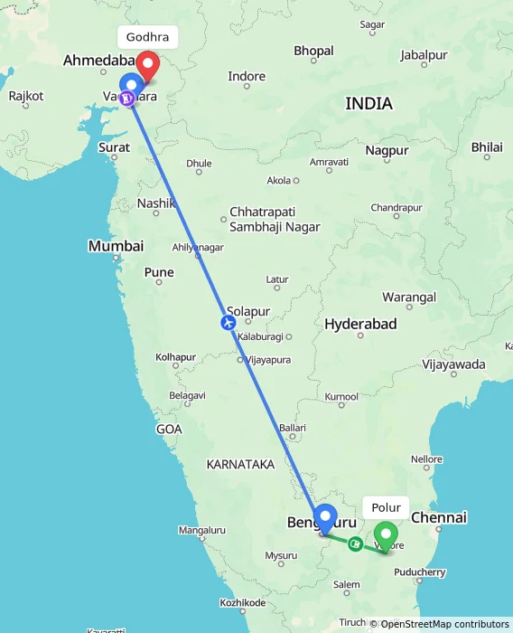 Route map showing distance and travel time from Polur, India to Godhra, India