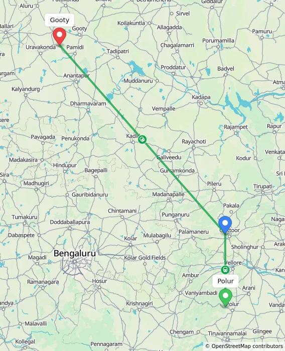Route map showing distance and travel time from Polur, India to Gooty, India