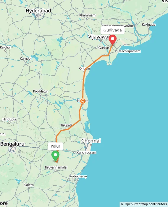 Route map showing distance and travel time from Polur, India to Gudivada, India