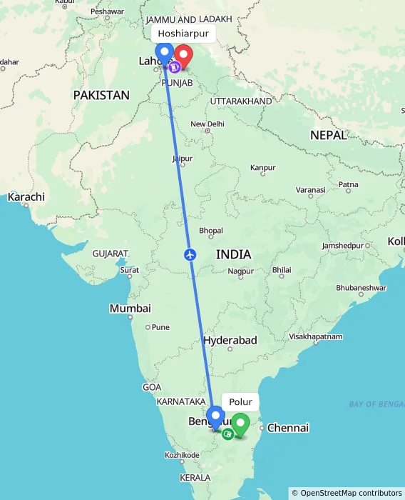 Route map showing distance and travel time from Polur, India to Hoshiarpur, India