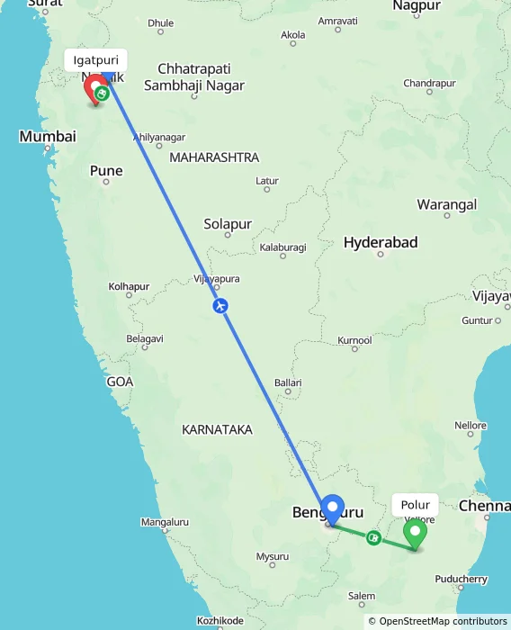 Route map showing distance and travel time from Polur, India to Igatpuri, India