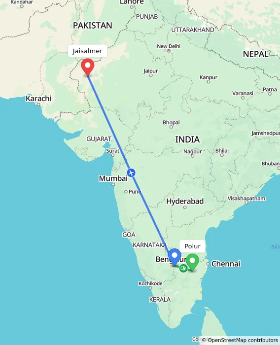 Route map showing distance and travel time from Polur, India to Jaisalmer, India