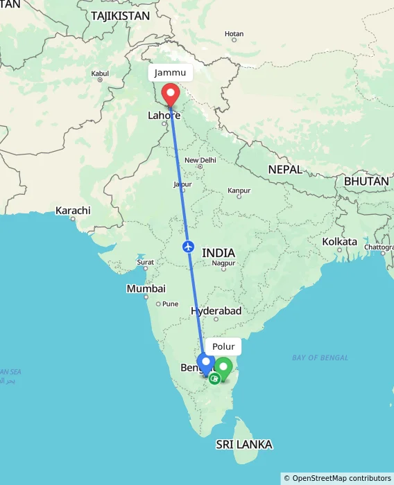 Route map showing distance and travel time from Polur, India to Jammu, India