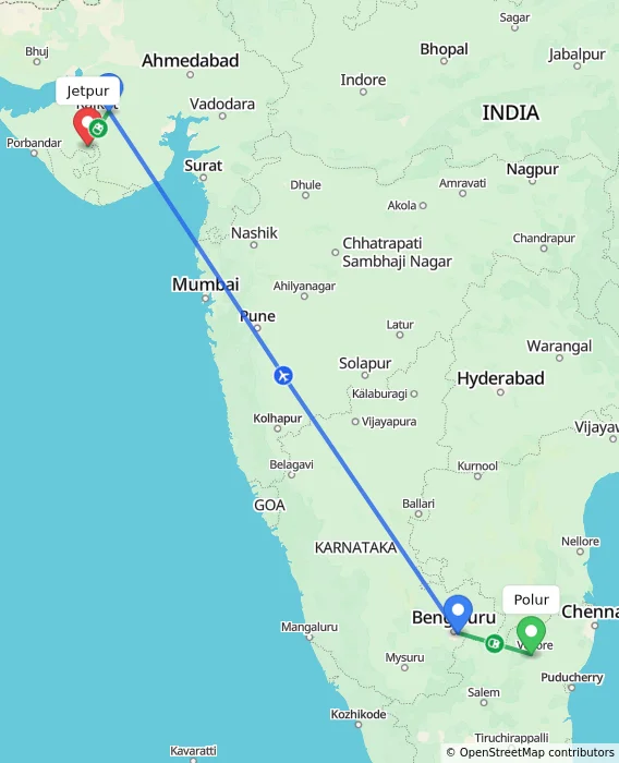 Route map showing distance and travel time from Polur, India to Jetpur, India