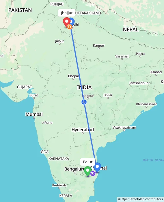 Route map showing distance and travel time from Polur, India to Jhajjar, India