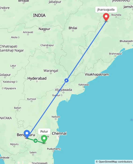 Route map showing distance and travel time from Polur, India to Jharsuguda, India