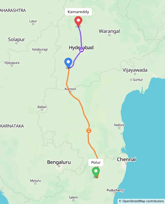 Route map showing distance and travel time from Polur, India to Kamareddy, India