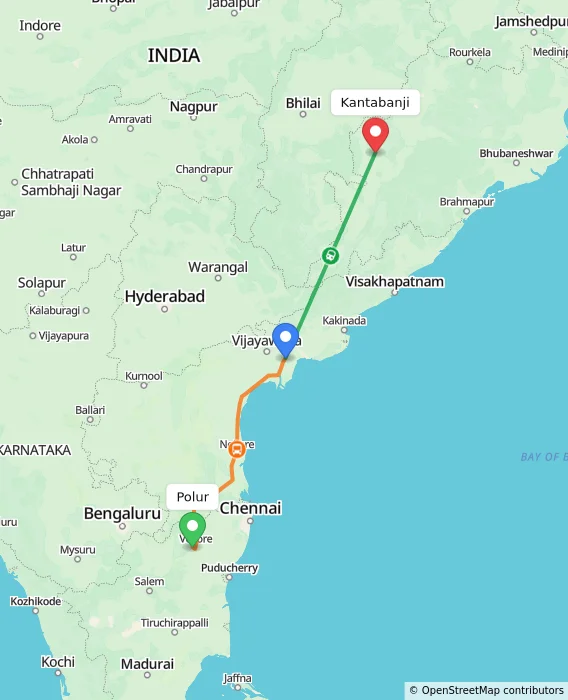Route map showing distance and travel time from Polur, India to Kantabanji, India